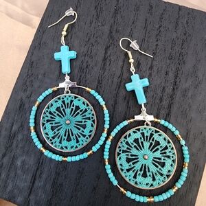 BrazenSoul Turquoise Cross Mandala Hoop Statement Earrings